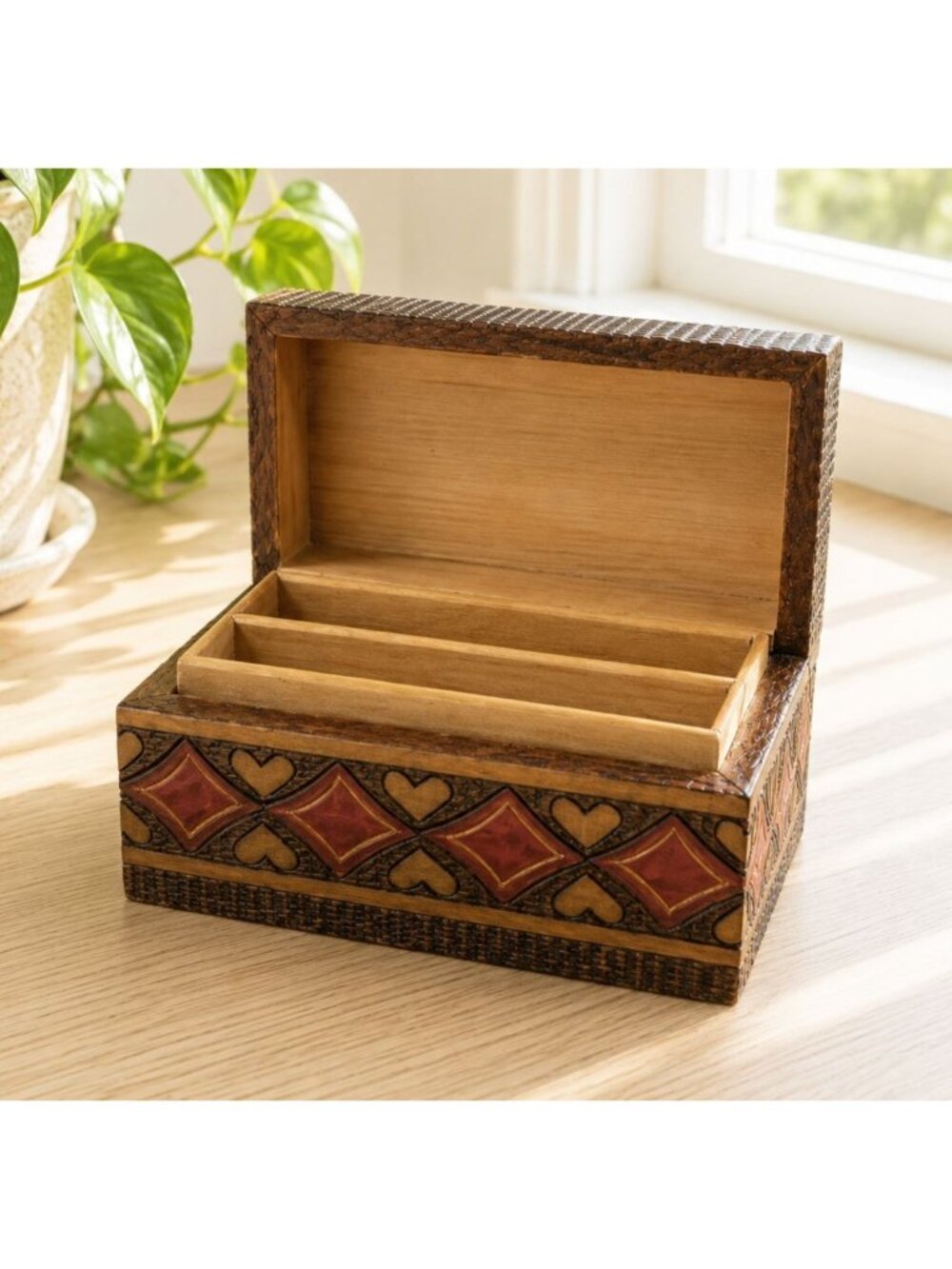Handcrafted Wooden Playing Card Holder With Heart & Diamond Motif Design - Made